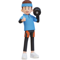 3D Sportsman Character Giving a Thumbs Up While Holding Dumbbell png