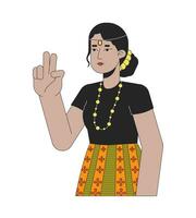 Peace sign girl with indian head jewelry 2D linear cartoon character. South indian woman two fingers up isolated line vector person white background. Selfie taking color flat spot illustration