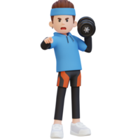 3D Screaming Sportsman Character Engaging Viewers While Holding Dumbbell png