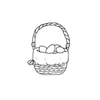 Hand-drawn eggs in a basket on a white background. Happy Easter. Wicker basket with Easter egg. Vector illustration. Seasonal vector illustration for greeting card.