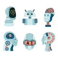 Humanoid robots with a brain. Chatbot and digital cyborg, communication artificial intelligence. Future concept. AI bot character android. Innovative vector illustration