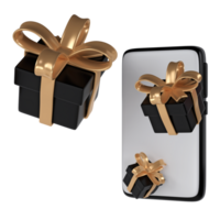 3d noir Vendredi cadeau des boites icône avec d'or ruban arc de téléphone intelligent. rendre magasin vente moderne vacances. réaliste icône pour présent achats bannière ou affiche png