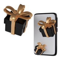 3d black Friday gift boxes icon with golden ribbon bow from smartphone. Render Shop Sale modern holiday. Realistic icon for present shopping banner or poster png