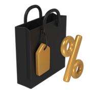 3d render Black Friday illustration with modern dark shopping bag and golden tag and percent mock up design. Discount, special offers promotion, shop advertisement png