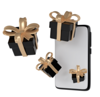 3d black Friday gift boxes icon with golden ribbon bow from phone. Render Shop Sale modern holiday. Realistic icon for present shopping banner or poster png