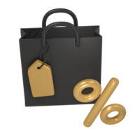 3d render Black Friday illustration with modern dark shopping bag and golden tag and percent mock up design. Discount, special offers promotion, shop advertisement png