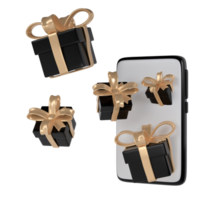 3d nero Venerdì regalo scatole icona con d'oro nastro arco a partire dal smartphone. rendere negozio vendita moderno vacanza. realistico icona per presente shopping bandiera o manifesto png