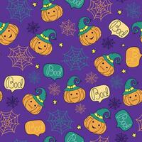 Pattern. Halloween, vector icons of pumpkin in a wizard's hat. Web. Drawings, doodles. Cute smiling Halloween pumpkin. Evil pumpkin. Vector print, repeating background for textile, wrapping paper.