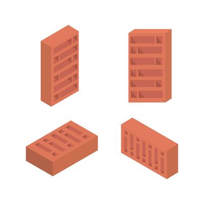 Set of 4 isometric bricks. Flat vector brick icons illustration. Industrial 3d elements. Construction symbol.