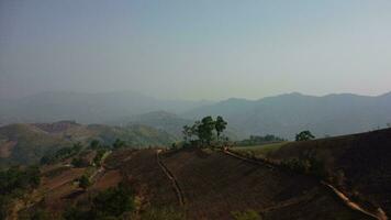 Mountain destroyed by human for cultivate plants. Aerial view of mountains covered in haze from burning forests. Areas with dense smog and covered with PM2.5. Air pollution and ecological problems video