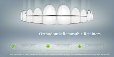 Ilustración vectorial 3d, dientes realistas con frenos en la mandíbula superior e inferior. alineación de la mordida de los dientes, dentición con frenos, frenos dentales. vector