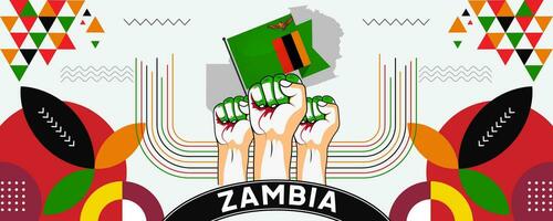 Flag of Zambia with raised fists. National day or Independence day design for Zambian celebration. Modern retro design with abstract geometric icons. Vector illustration