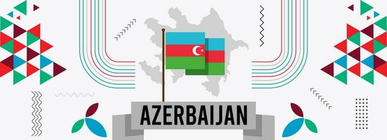 azerbaiyán nacional día bandera o tarjeta con azerbaiyano mapa, resumen retro moderno geométrico diseño con bandera colores tema antecedentes vector