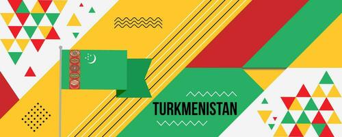 Turkmenistán nacional o independencia día resumen bandera diseño con bandera y mapa. bandera color tema geométrico modelo retro moderno ilustración diseño. verde, rojo y amarillo color modelo. vector