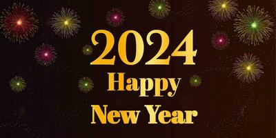 contento nuevo año 2024 tarjeta o bandera en oro con vistoso fuegos artificiales en un negro antecedentes vector
