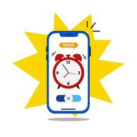 Smartphone with alarm clock is ringing and notifying on screen. new notice on the phone. Timer notification flat vector illustration.