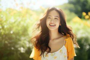 AI Generative Beautiful young girl smiling enjoying summer photo