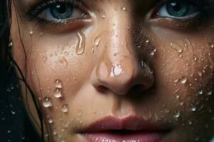 A wet face of an attractive woman close up with water drops.AI generative photo