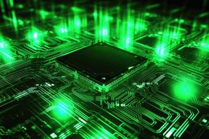 A background of modern technology with conductors and processors in colourful light. photo