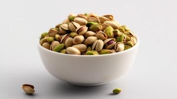 a white bowl filled with pistachios on top of a white surface AI Generated photo