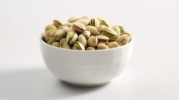 a white bowl filled with pistachios on top of a white surface photo