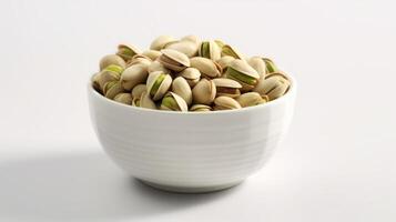 a white bowl filled with pistachios on top of a white surface AI Generated photo