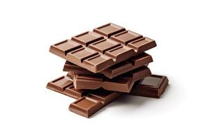 a pile of chocolate bars sitting on top of each other isolated white background photo