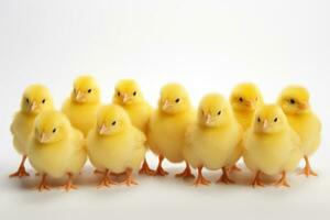 A group of yellow chicks standing on a white background AI Generated photo