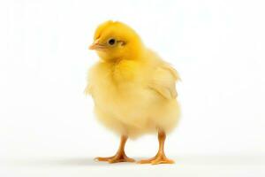 A small yellow chicken standing on a white background AI Generated photo