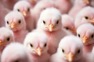 A group of pink chickens looking at the camera AI Generated photo