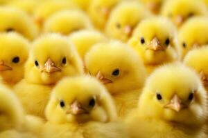 un grupo de amarillo pollos mirando a el cámara ai generado foto