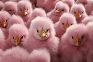 A group of pink chickens looking at the camera AI Generated photo