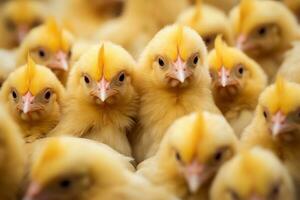 un grupo de amarillo pollos mirando a el cámara ai generado foto