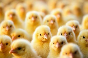 un grupo de amarillo pollos mirando a el cámara ai generado foto