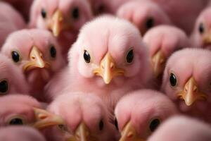 un grupo de rosado pollos mirando a el cámara ai generado foto