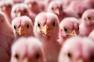 A group of pink chickens looking at the camera AI Generated photo