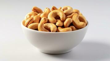 Cashews in a bowl on a white background AI Generated photo