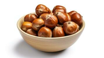 Chestnuts in a wooden bowl on a white background AI Generated photo