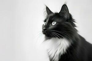 A black and white cat is sitting in front of a white background AI Generated photo