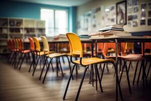 A classroom full of colorful chairs and books AI Generated photo