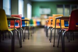 A row of colorful chairs in a classroom AI Generated photo