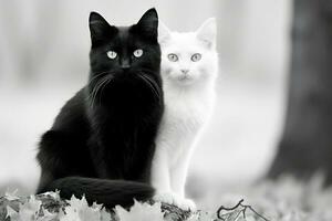 dos negro y blanco gatos sentado en el hojas ai generado foto