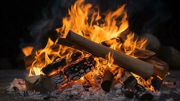 A fire pit with logs and flames on a black background AI Generated photo