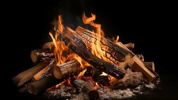 A fire pit with logs and flames on a black background AI Generated photo