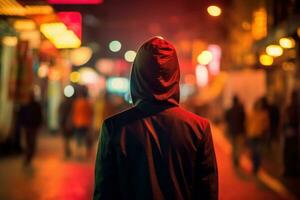 A man in a hoodie standing on a street at night AI Generated photo