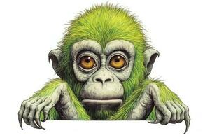 dibujado de un verde allen pantano mono con marrón ojos ai generado foto