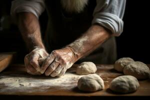 A man is kneading dough on a wooden table AI Generated photo