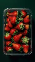 Strawberries in a plastic container on a black background AI Generated photo