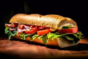 A large submarine sandwich on a wooden table AI Generated photo