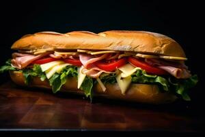 A large submarine sandwich on a wooden table AI Generated photo